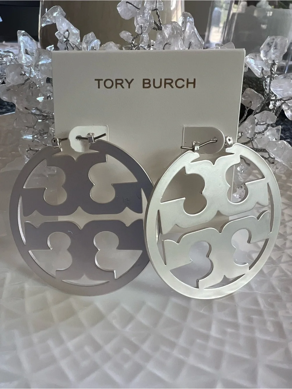Tory Burch Silver Double-T Cutout Round Hoop Earrings